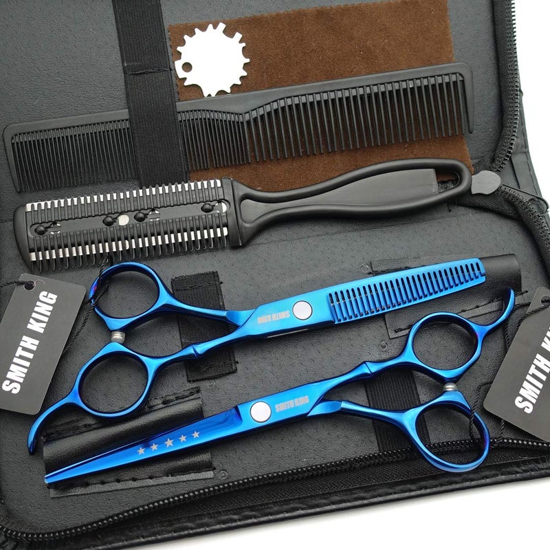 Smithking 6.0 Inches Hair Cutting Scissors Set with Combs Lether Scissors Case,Hair cutting shears Hair Thinning shears For Personal and Professional (Blue) - Image 1